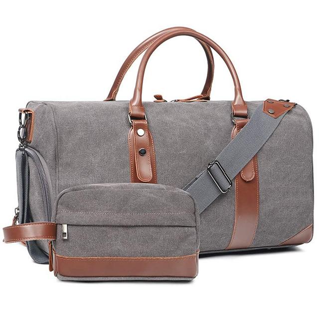 Oflamn Large Duffle Bag Canvas Leather Weekender Overnight Travel Carry On Tote Bag with Shoe Compartment and Toiletry Bag (Grey)