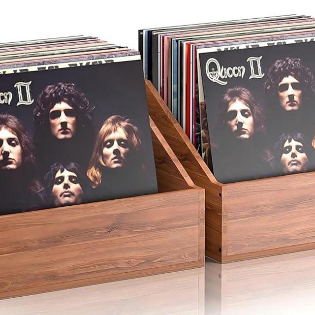 2 Pack Wood Vinyl Record Storage, Retro & Durable Vinyl Crate and Record Holder, Album Storage Record Case Box for 120+ Records, Perfect Record Organizer for Home Decor and Collection Display(Brown)