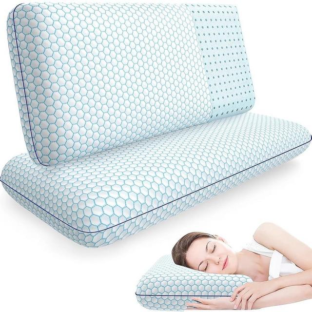 CushyOasis Memory Foam Pillows for Side, Back and Stomach Sleepers, Set of 2, Bed Pillow with Washable Cover and Breathable Mesh, Bed Pillow for Sleeping (Blue，King Size)