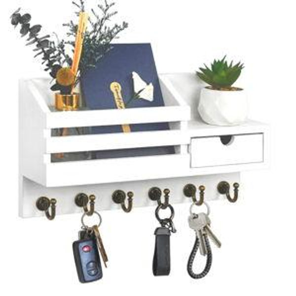 FifthQuarter Key Holder Wall Mount: Key and Mail Holder for Wall with 6 Hooks and Storage Drawer, Easy Installation Key Rack for Entryway Home Decor (A-White)