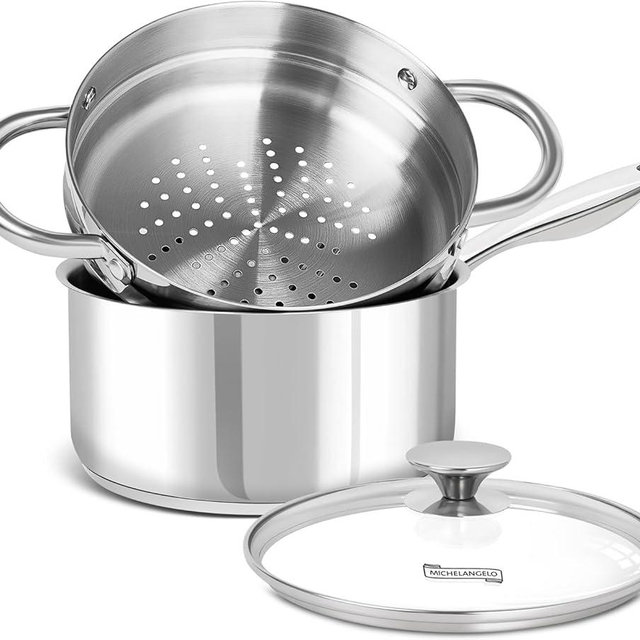 MICHELANGELO 3 Quart Saucepan with Lid & Steamer, Stainless Steel Sauce Pan with Triply Bottom, 3 QT Sauce Pot, Nonstick Saucepan Induction Compatible