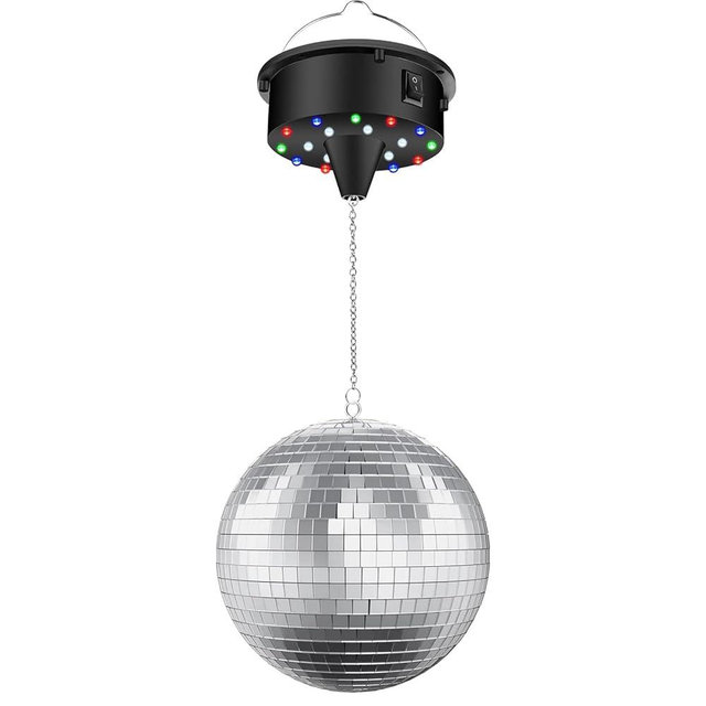 Disco Ball with Motor and Light, 4 Colors Light with 18 LED Beads, 5/8/10/15 RPM Rotating Motor with 6" Mirror Ball Remote for 70s 80s DJ Club, Wedding, Birthday, Party Essential