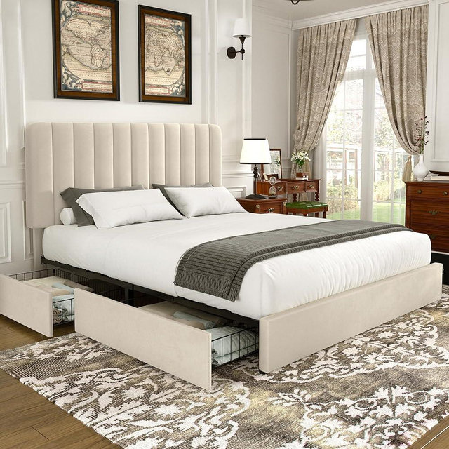 VECELO King Size Upholstered Bed Frame with 4 Drawers and Headboard, Velvet Platform Storage Bedframe, Wooden Slats Support, No Box Spring Needed,Bone Beige