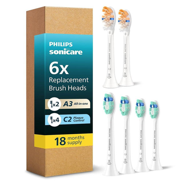 Philips Sonicare Premium All-in-One (A3) + Plaque Control (C2) Brush Head Bundle, Genuine Replacement Electric Toothbrush Heads, 6 Pack Up to 18 Month Supply, White, BD9003AZ
