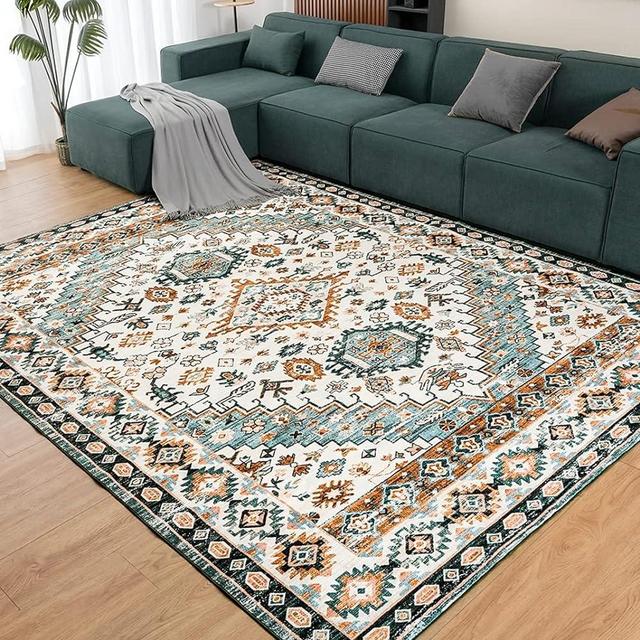 CHOSHOME Area Rug - 9x12 Low-Pile Machine Washable Rug Vintage Rug with Non-Slip Backing, Non-Shedding Indoor Floor Rugs for Living Room Bedroom Kitchen Laundry Home Office Carpet,Green