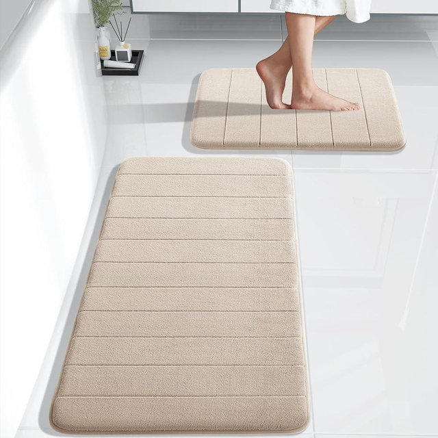 Yimobra Large Memory Foam Bathroom Mat 2 Pieces Set, Non Slip - Super Water Absorption Soft Bath Mats Rugs, Thick, Dry Fast, Machine Washable for Bathroom Floor Rug, 44.1 x 24 + 24 x 17 Inch, Beige
