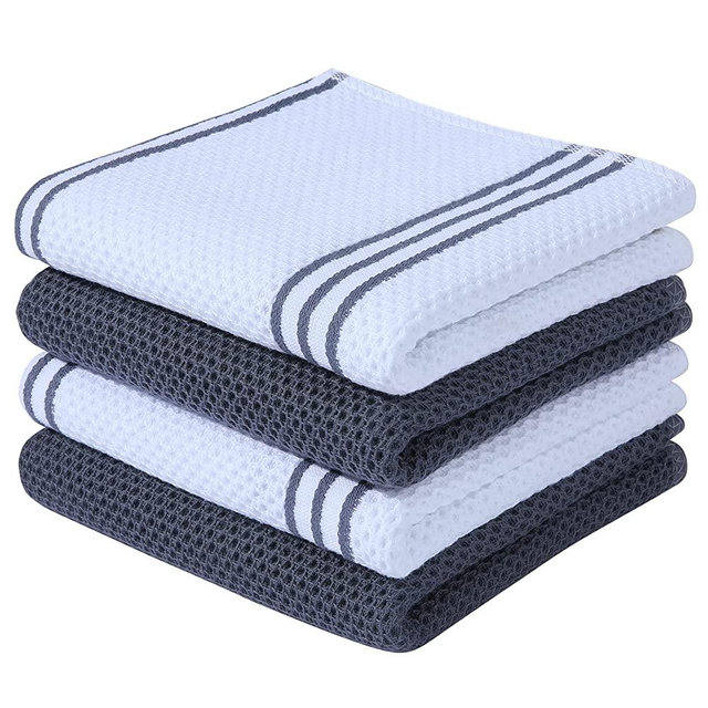 Homaxy 100% Cotton Waffle Weave Stripe Kitchen Towels, 13 x 28 Inches, Super Soft and Absorbent Dish Towels for Drying Dishes, 4-Pack, White & Dark Grey