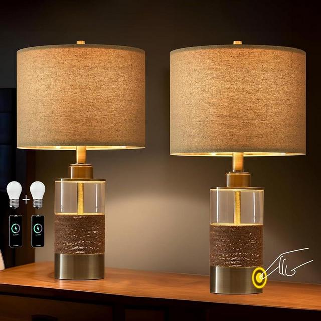 OYEARS 22" 3 Way Dimmable Touch Control USB A+C Table Lamp Retro Rattan Glass Lamp Metal Nightstand Nightlight Lamps for Bedroom Living Room Office(2 Bulbs and 2 Built-in LED Beads Included)