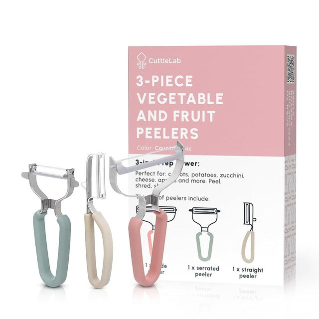 CuttleLab Vegetable Peeler Set – Serrated, Straight & Wide Blades- great apple peeler & potato peelers, Carrots, Zucchini, Cucumbers – Soft Grip Handle- Eye Remover – Dishwasher Safe (3, Country Chic)
