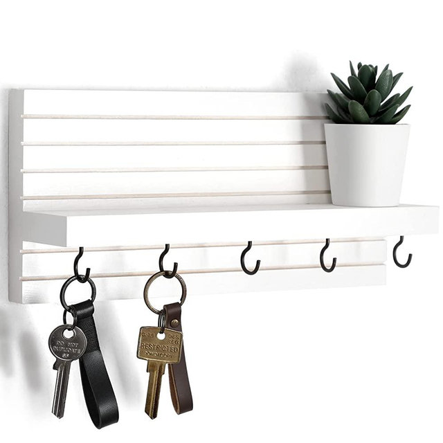 Decorative Key Holder for Wall with Shelf, Entryway Shelf with Hooks Holds Leashes, Jackets and Glasses – Sturdy Wood Keyholder Entrance Hanger with Mounting Hardware (11.8” x 5.5” x 3.1”) (White)
