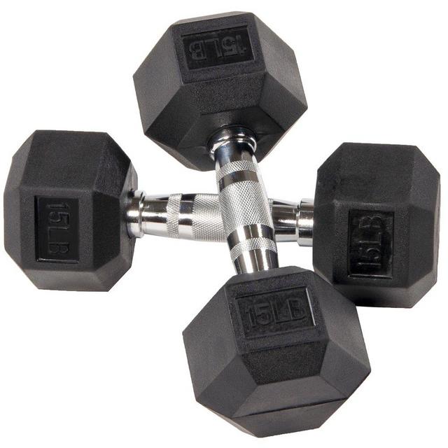 Rubber Encased Hex Dumbbells, 15 lbs