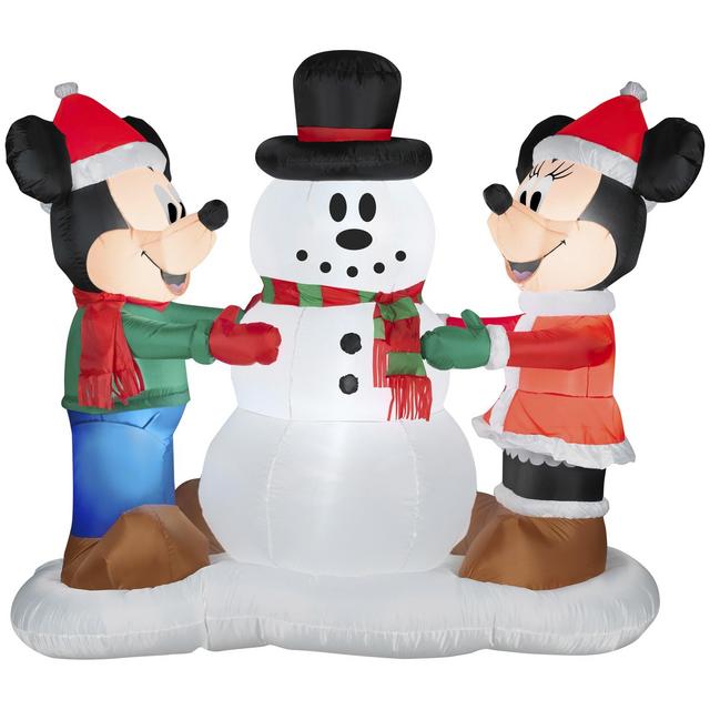 Gemmy Industries Airblown Mickey and Minnie with Snowman Christmas Decoration Multicolored Nylon