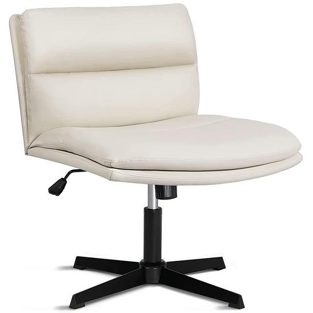 PUKAMI Armless Office Desk Chair No Wheels,PU Leather Padded Modern Swivel Vanity Chair,Height Adjustable Wide Seat Cross Legged Computer Task Chair for Home Office (Beige)