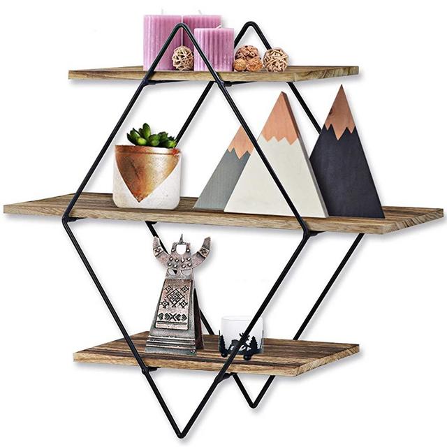 Floating Shelves, 3 Tier Wall Floating Shelves, Geometric Diamond Wall Mounted Floating Shelves,Wood and Metal Decorative Floating Shelves (19.7" x 19.5" x 6.7")