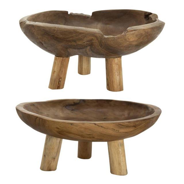 Handcrafted Teak Standing Decorative Bowls, Set of 2 – Natural Wood