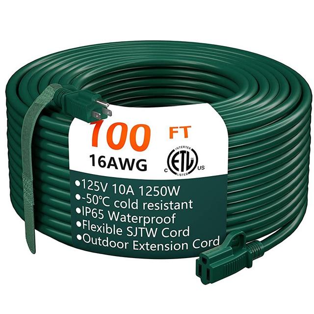 Indoor Outdoor Green Extension Cord 100 ft Waterproof, 16/3 Gauge Flexible Cold-Resistant Appliance Extension Cord Outside, 10A 1250W 16AWG SJTW, 3 Prong Heavy Duty Electric Cord, ETL HUANCHAIN