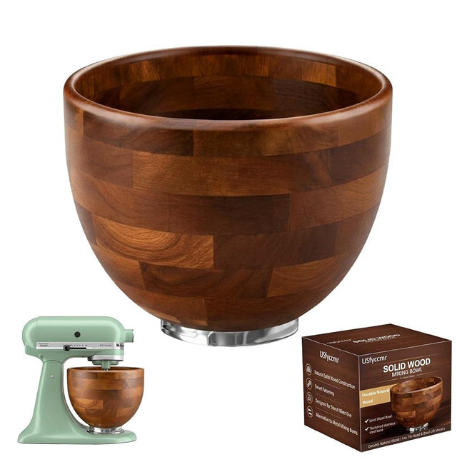 USfyccmr Wood Mixing Bowl Suitable for 4.5-5 QT Tilt-Head Stand Mixers - Natural Wooden Kitchen Accessory - Fits K45 KSM150 Series Natural Wood Mixing Bowl with Steel Locking Base