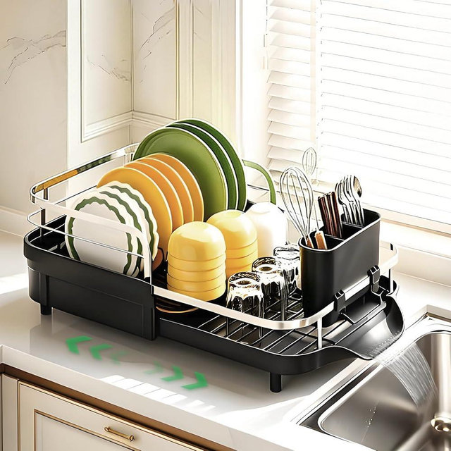 Wouherkexm Dish Drying Rack for Kitchen Counter, Expandable Dish Drainer with Drainboard Set and Removable Utensil Holder, Space-Saving Countertop Organizer