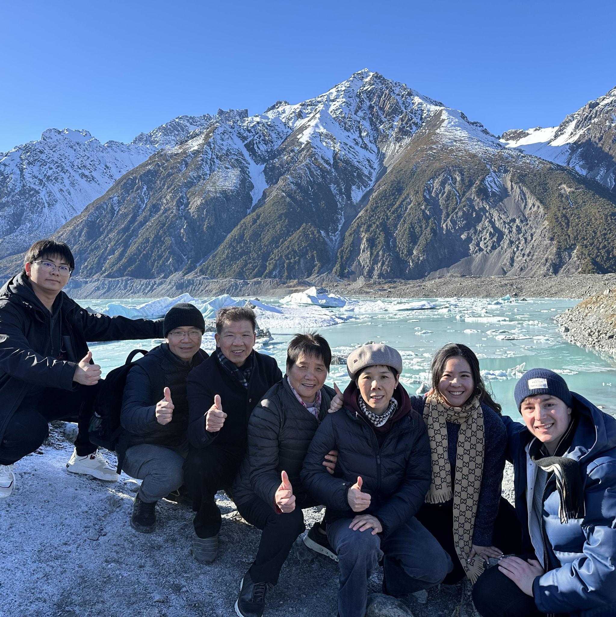 July 2024, Aoraki/Mount Cook, Tasman Lake, At The End Of The Tasman Glacier Walk - A great photo of Lucia's family and ourselves together, out exploring the lake and seeing it all!