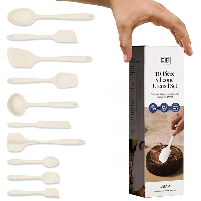 GIR: Get It Right 10-Piece Silicone Essentials Kitchen utensils set - Ladle, Spatula, Flip, Spoon & Spoonula - Non toxic cooking utensils for Nonstick Cookware, Cooking and Baking - Cream