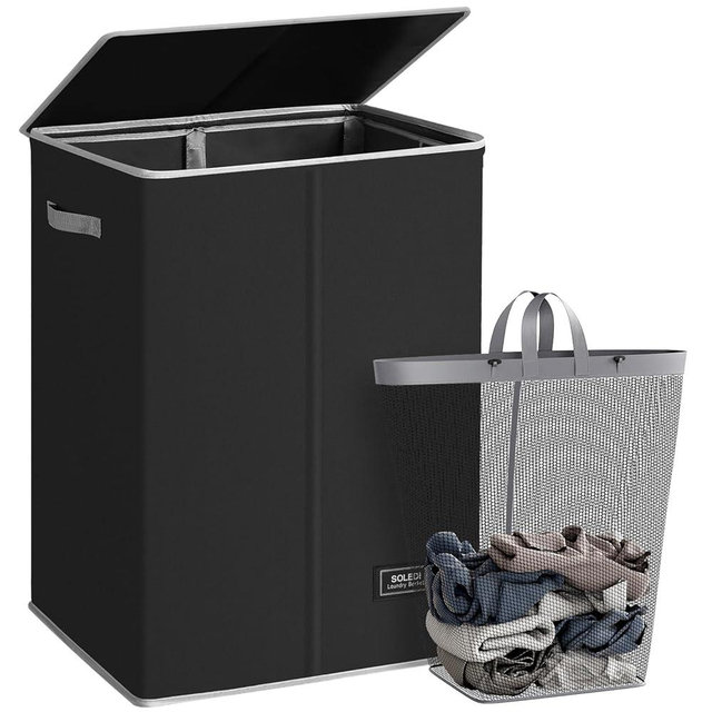 SOLEDI Laundry Hamper with Lid 130L Large & Tall Collapsible Laundry Basket, Clothes Hamper with Bag Removable Easy to Carry, Dirty Hampers for Bedroom, Bathroom, Dorm, College, Black