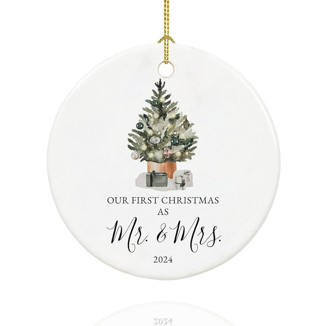 Our First Christmas Married Ornament 2024,Just Married Gifts for Couple,Mr and Mrs, Ceramic Keepsake 1st Christmas Married Ornaments with Ribbon and Gift Box