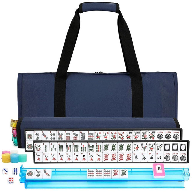 Marllifenney American Mahjong Tile Set,166 White Tiles Mahjong Set,4 Colors Mahjong Racks,Travel Mahjong Set with Blue Carrying Bag