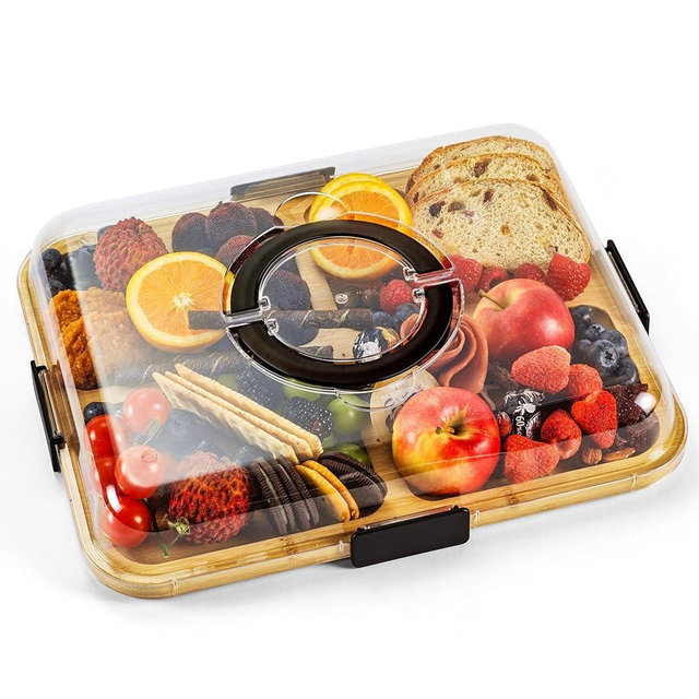 Charcuterie Board with Clear Lid, Travel Portable Cheese Board Charcuterie Boxes Cutting Boards for Kitchen, Serving Tray for Picnics & Entertaining - Housewarming Gift Set Idea
