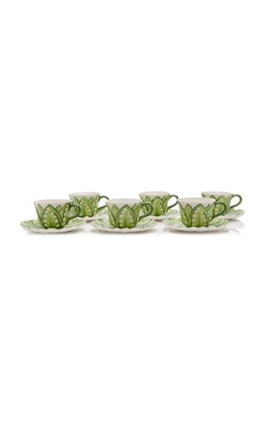 Set-Of-Six Lily Of The Valley Ceramic Breakfast Cup and Saucer