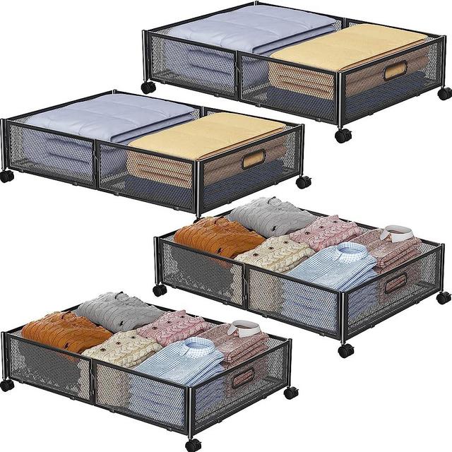 BIETCR Under Bed Storage with Wheels, Metal Underbed Storage Containers Drawers, Under Bed Shoe Storage Organizer for Bedroom Clothes Shoes Blankets (4PCK.BLACK)