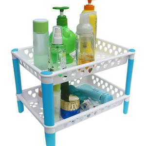 Honla 2-Tiered Plastic Bathroom Shelves Organizer with Perforated Storage Baskets-Small Shelving Units/Drying Rack for Bath Organization,Free Standing,Blue and White