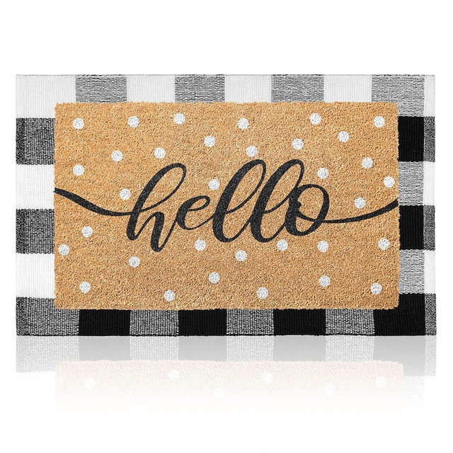 Emerson 100% Coir Doormats, 2-Pack Front Door Mats for Outdoor Entrance – Welcome Mat for Home, 2-in-1 Entryway Patio + Layered Buffalo Plaid Rug, Indoor Hello Porch Mat