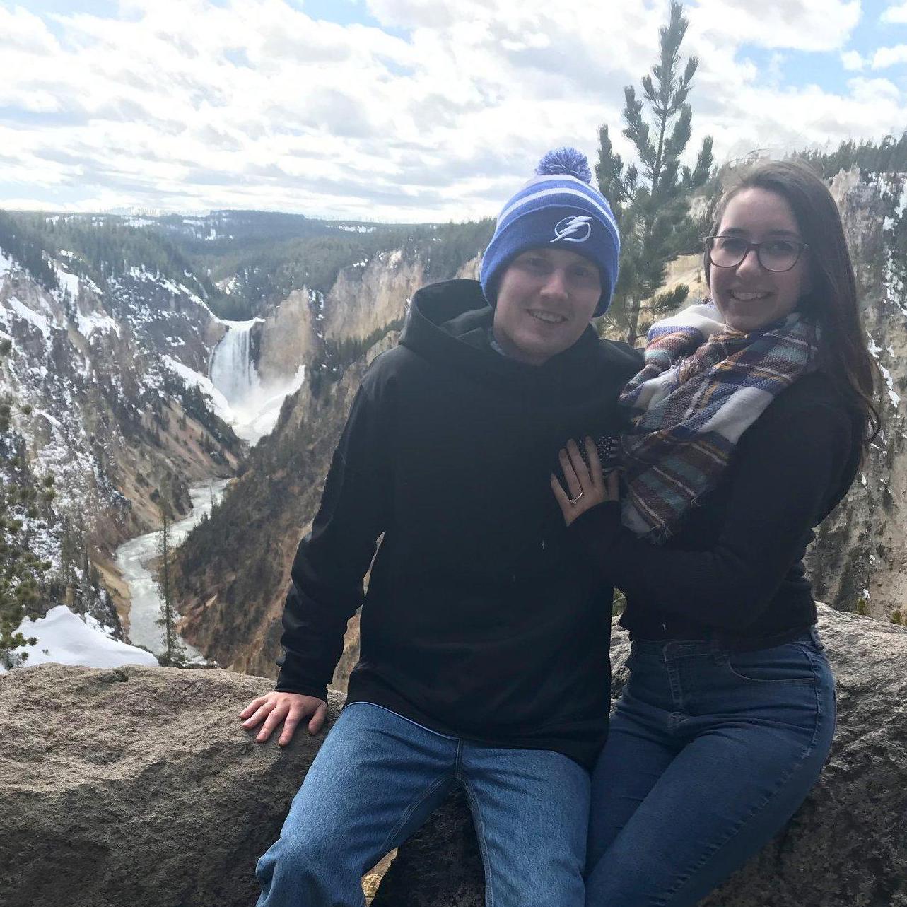 Enjoying the beautiful Grand Canyon of Yellowstone and celebrating our engagement!