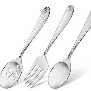 Hudson Essentials 9-Piece Bergamo Hammered 18/10 Stainless Steel Serving Fork & Serving Spoon Set - Flatware Silverware