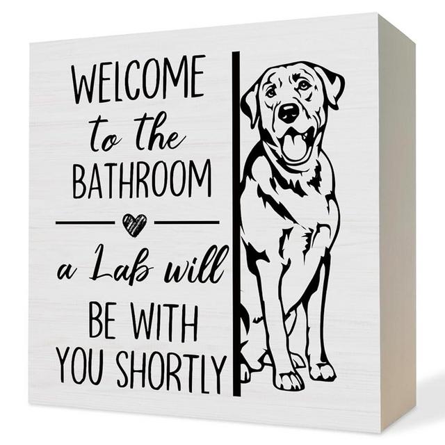 ATBWGT Funny Labrador Retriever Bathroom Wooden Box Sign,Gifts for Labrador Dog Lovers,Lab Dog Wood Block Plaque Signs for Bathroom Toilet Restroom Desk Table Shelf Decor, 5x5 Inch