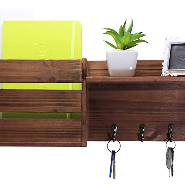 Vintage Torched Wood Rustic Wall Mounted Key & Mail Holder/Organizer with 3 Key Hooks, 1 Compartment, and Shelf - for Entryway or Mud Room – Holds Documents, Bills, Letters, Keys and More - Brown