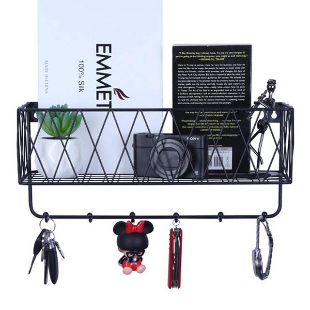 OROPY Entryway Mail Holder with Key Hooks, 14"L×4.7"W×6.5"H, Wall Mounted Matte Black Metal Wire Mesh Storage Basket with 6 Hooks, Easy to Organize Letters, Magazines, Keys, Leashes for Entryway