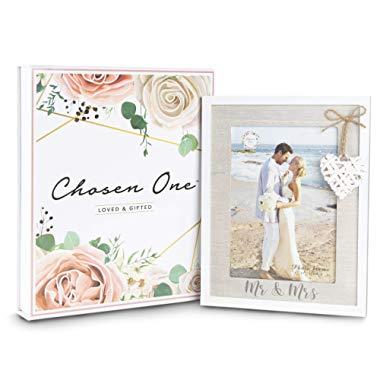 Mr & Mrs 5x7 Picture Frame by Chosen One – Rustic White Picture Frames with Heart Accent – Bridal Shower Gifts, Engagement Frame and Wedding Gifts for The Couple – Beach Style Wooden Picture Frame