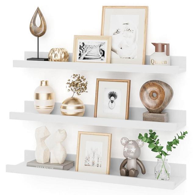 Heimlove 24 Inch Picture Ledge Shelf with Lip,White Floating Shelves for Wall Set of 3,Wall Shelves in Varying Depths for Living Room,Bedroom,Nursery,Bookshelf