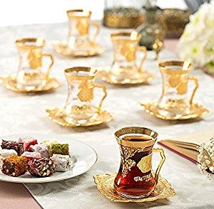 New 2017 Turkish Style Decorated Tea Glasses Cups Set for 6, Choose Color (Gold)