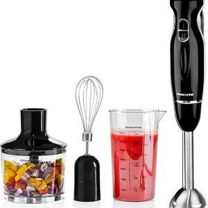 Immersion Electric Hand Blender 300 Watt Power 2 Mix Speed with Stainless Steel Blades, Handheld Stick Mixer Set with Egg Whisk Attachment Mixing Beaker and BPA-Free Food Chopper, Black HS565B