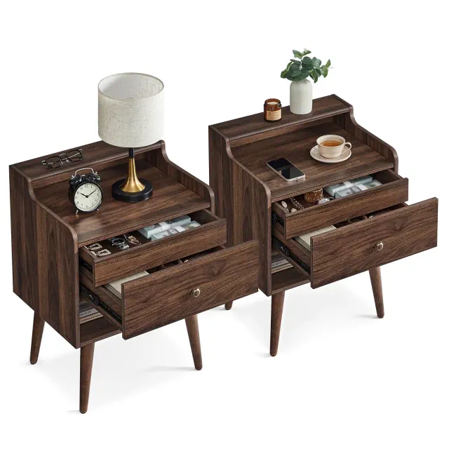 Nightstands, Set of 2, Bedside Tables with Hidden Drawers, Mid-Century End Tables with Solid Wood Legs, Walnut