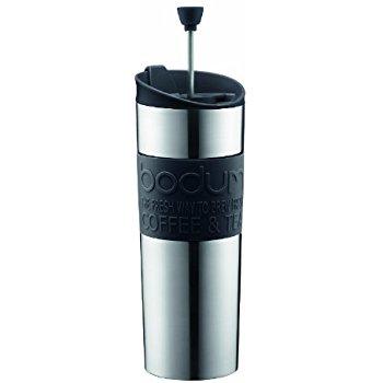 Bodum Travel Tea and Coffee Press, Stainless Steel Insulated Travel Mug, Black, 15 Ounce