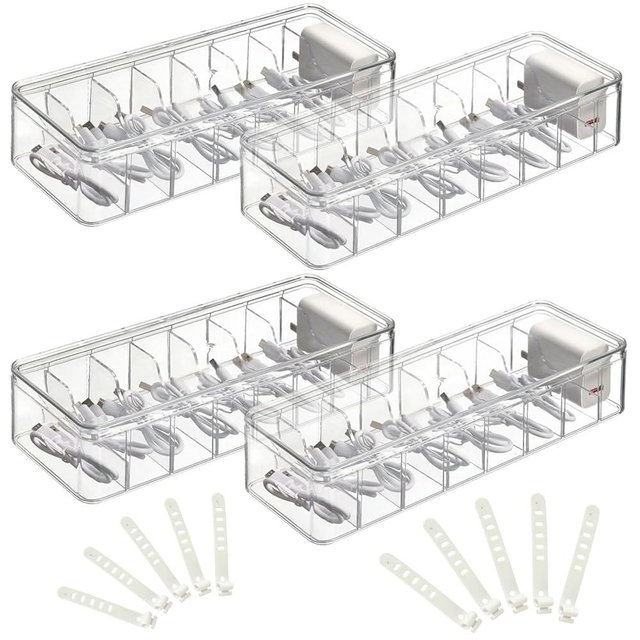 YAYODS 4 Pack Cable Organizer Box with Lid, Clear Plastic Cord Storage Organizer Box with 40 Wire Ties & Adjustment Compartments, Stackable Charger Organizer for Home Office Desk Accessories