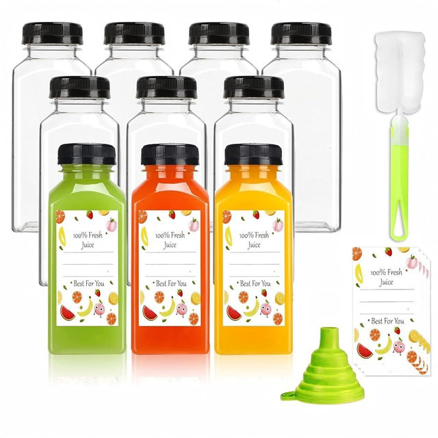 Sonfon Plastic Juice Bottles with Caps 10pcs 12oz, Reusable Juice Containers with Tamper Proof Lids Black, Clear Bottles for Juicing, Milk, Smoothie Bottle, Drinking with 10Pcs Labels & Bottle Brush