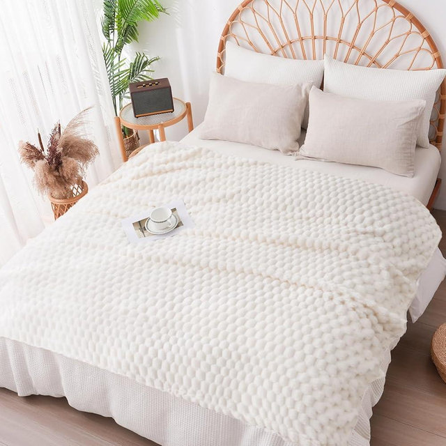 Vessia Flannel Fleece Twin Blanket, 3D Jacquard Cream Fuzzy and Warm Blanket for Couch, Sofa, Bed, 300GSM Super Soft Touch Cozy Home Decor for All Seasons (60x80 inches)
