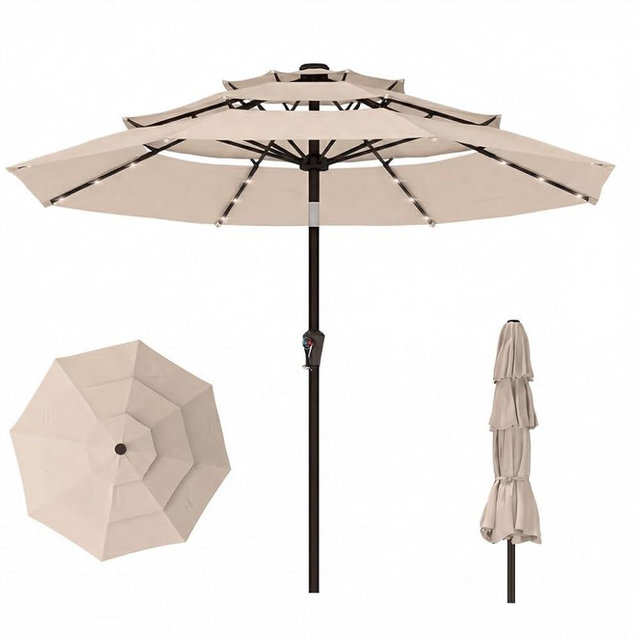 Patio Kingdom 10ft 3-Tier Patio Umbrella with 32 Solar Powered LED Lights, Windproof Outdoor Market Umbrella for Deck, Poolside & Garden, Sturdy Push-Button Tilt Table Umbrella, Beige