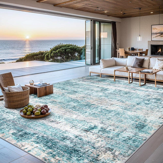 Area Rugs 10x12 Living Room - Washable Rug Modern Abstract Soft Large Neutral Non-Slip Carpet Indoor Floor Thin Carpets for Bedroom Dining Room Farmhouse Nursery Home Office Green