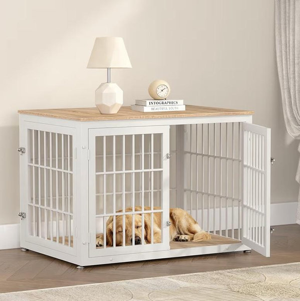 42 Inch Heavy Duty Dog Crate Furniture for Large and Medium Dogs, Decorative Pet House End Table, Wooden Cage Kennel Furniture Indoor, Natural and White