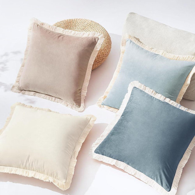 MONDAY MOOSE Decorative Throw Pillow Covers Cushion Cases, Set of 4 Soft Velvet Modern Fringe Tassel Designs, Mix and Match for Home Decor, Pillow Inserts Not Included (18x18 inch, Beige/Light Blue)